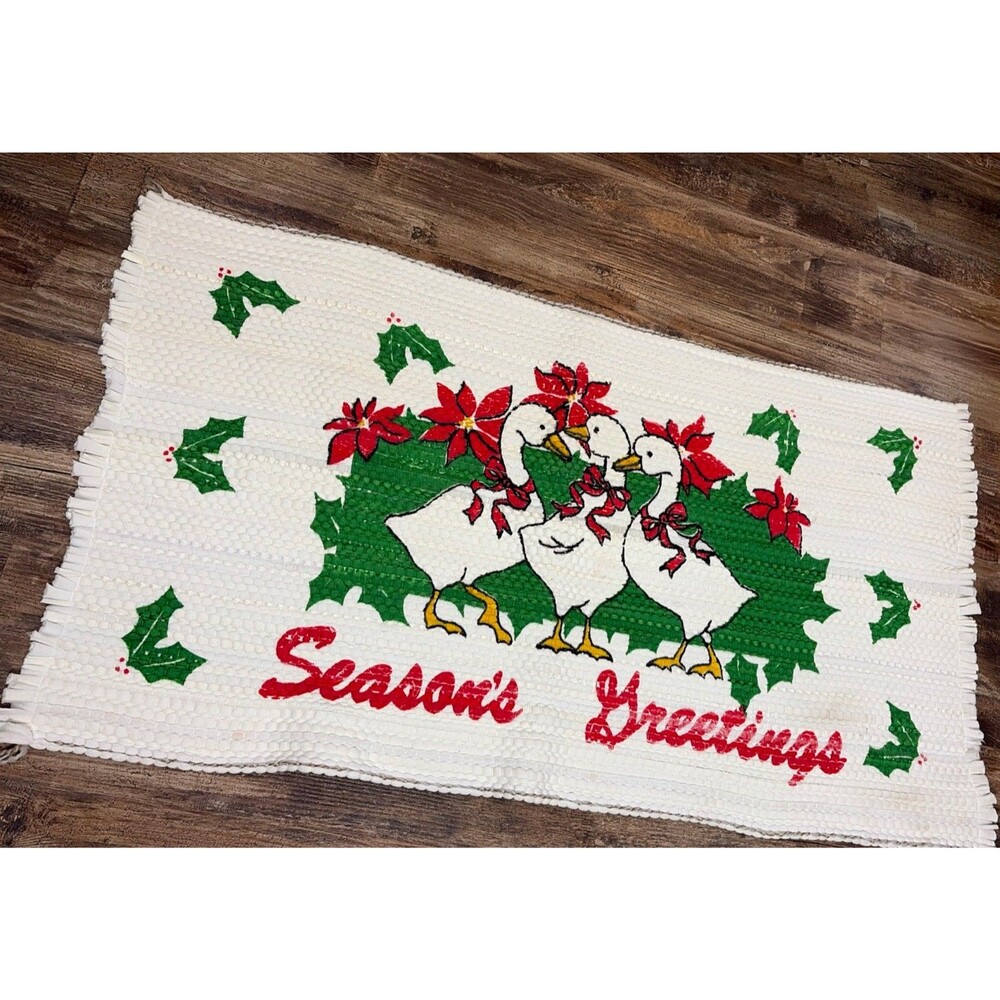 Christmas 90s Woven Rug “concrete” Duck ~ Season’s Greetings- Holiday 41”x23”